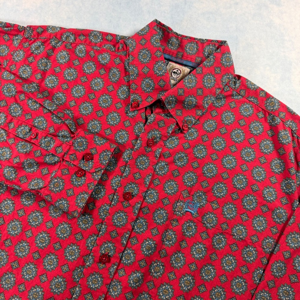 Cinch Button Down Shirt Mens Small Red Excellent Geometric Medallion Western